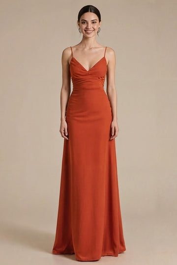Burunt Orange Sheath V Neck Maxi Evening Dress
